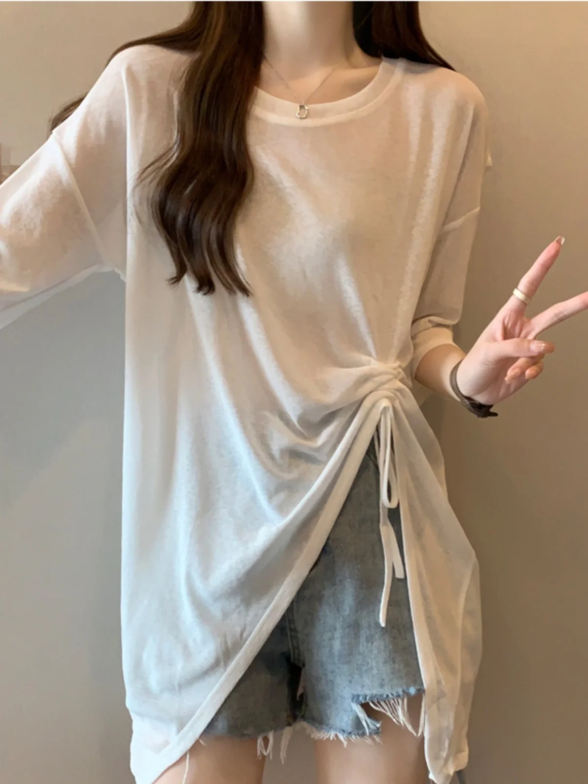 تي شيرت نسائي صيفي مقاس كبير بأكمام ثلاثة أرباع من الحرير الجليدي تي شيرت نسائي صيفي للتخسيس على الطراز الكوري متوسط الطول ... #3