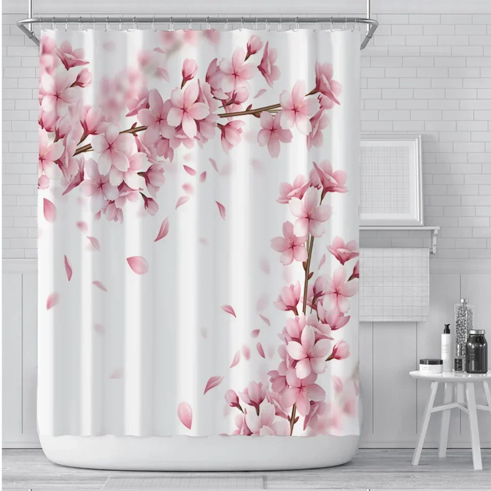 Realistic Pink Cherry Blossom Falling Petal Floral Print Shower Curtain Waterproof Anti Mildew Polyester Fabric With Free Plasti