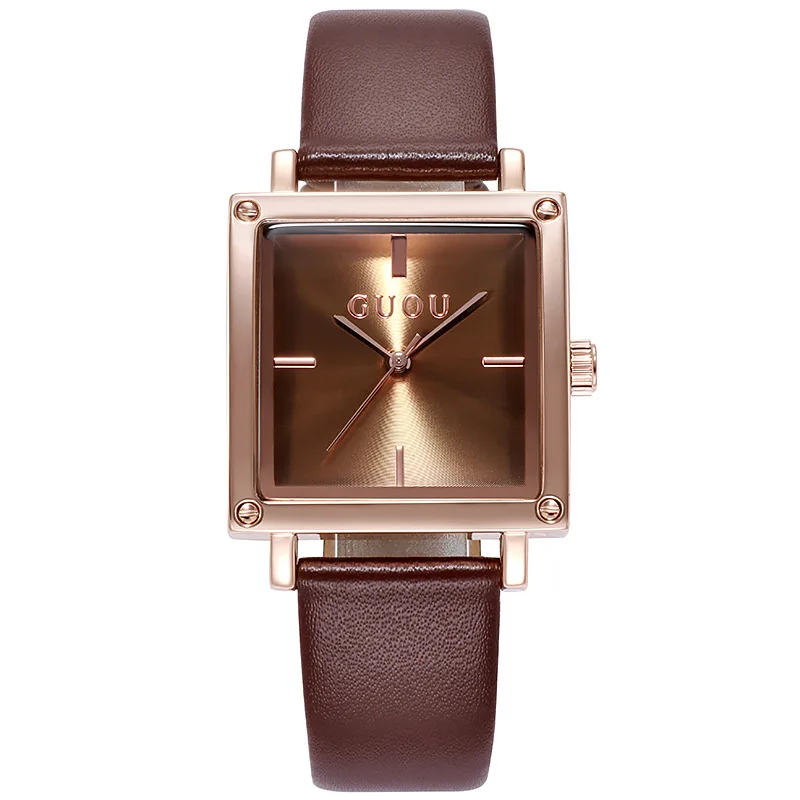 

Женские кожаные квадратные часы, универсальные простые ветрозащитные модные коричневые часы с ремнем