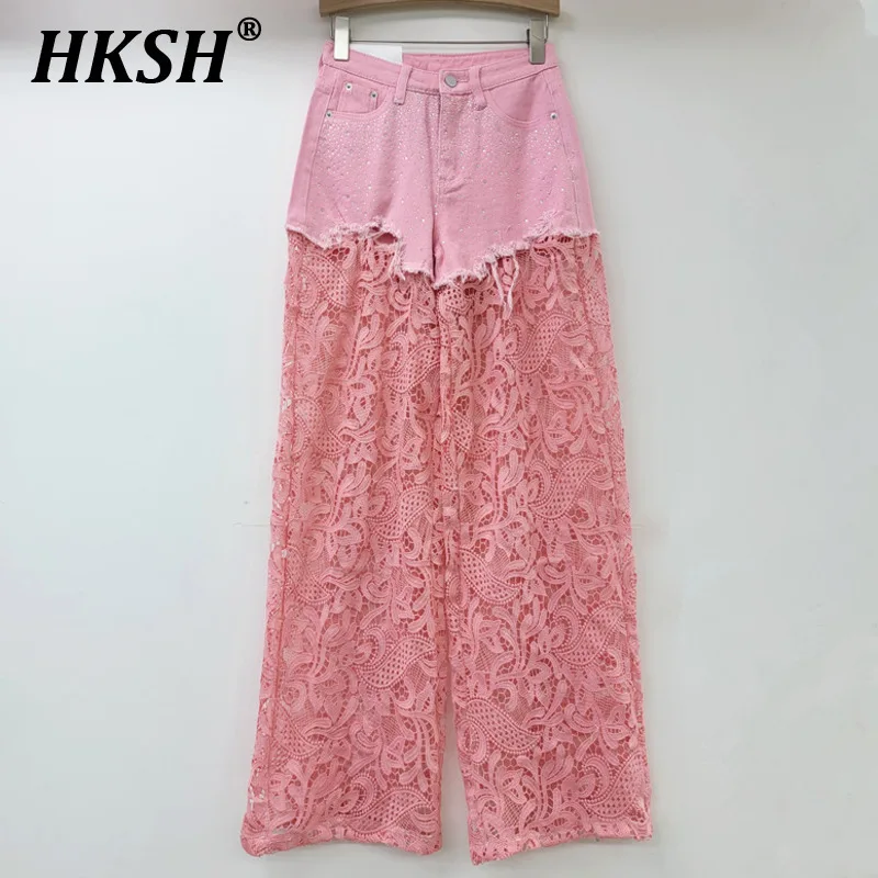 

HKSH Spring Summer New Women Tide Chic High Street Casual Denim Lace Spliced Diamonds High Waist Ins Long Wide Leg Pants HK5188