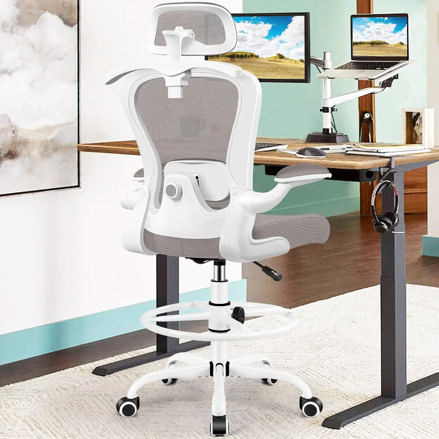 

Drawing Chair, Tall Office Chair with 3D Lumbar and Head Support, Comfort Extended with Flip-Up Armrests and Hanger