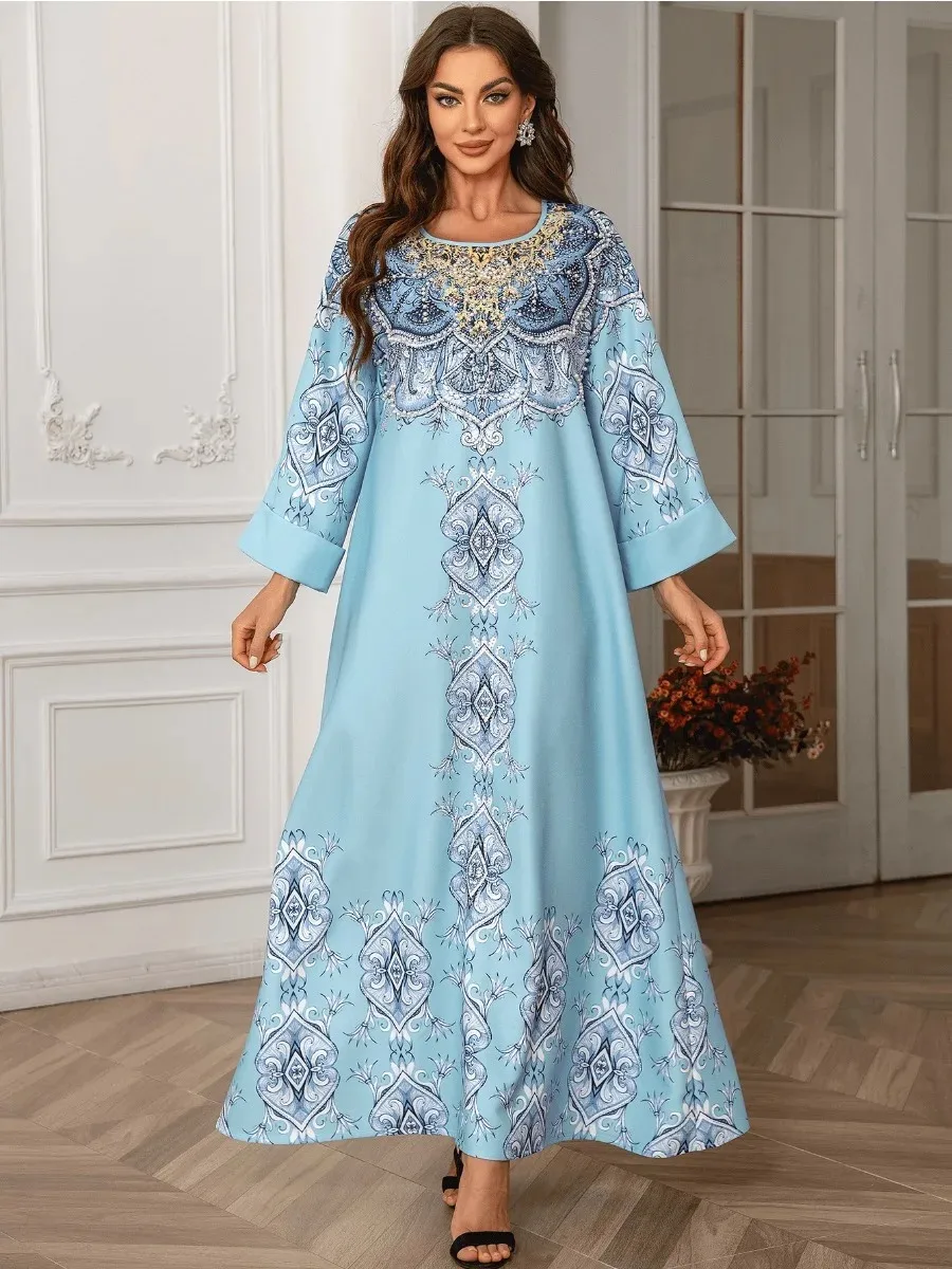 

Eid Muslim Dress for Women Abaya Print Beading Abayas Arab Dubai Jalabiya Party Dresses Kaftan Vestidos Largos Long Robe 2024