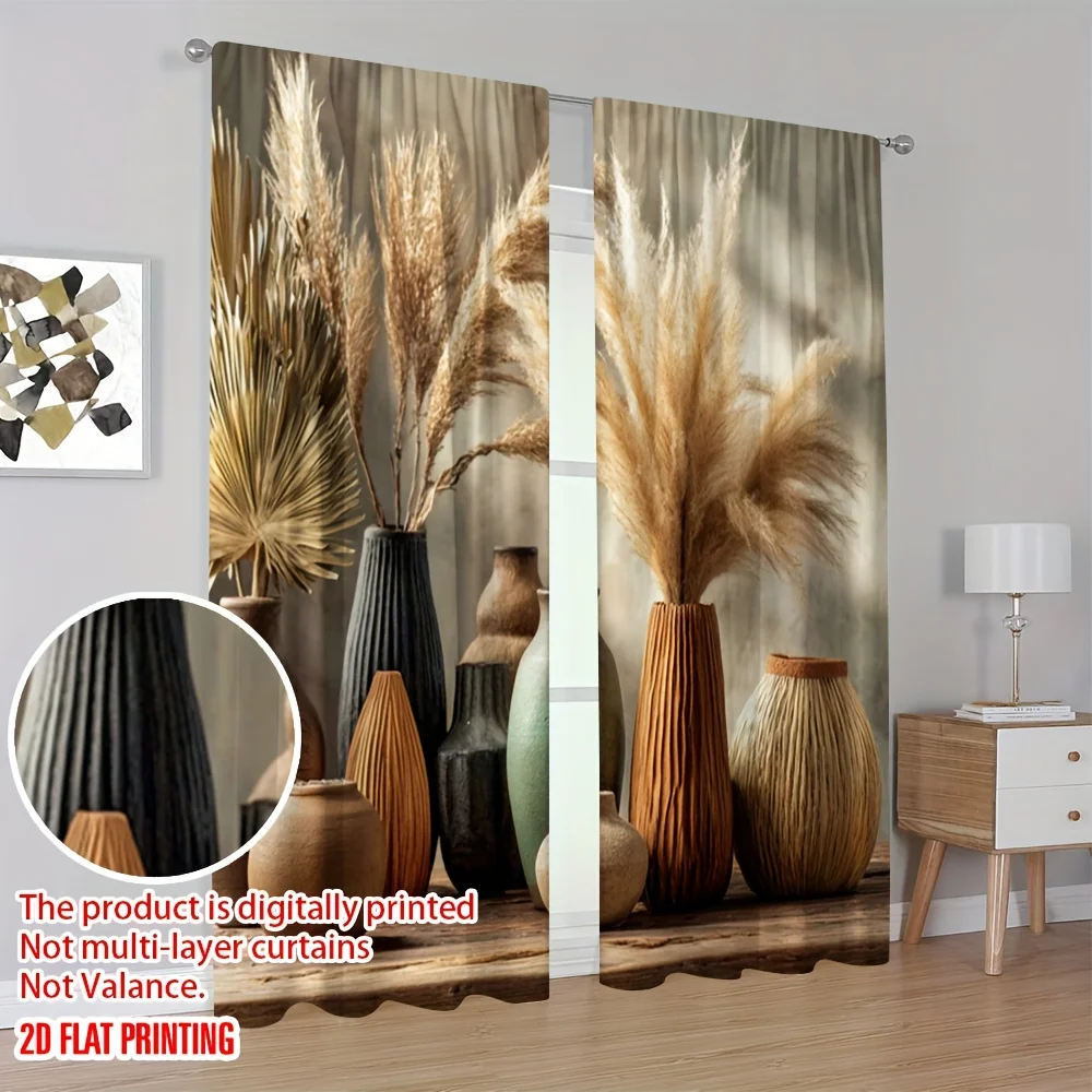 2pcs Pampas Grass Curtains Dried Flower Vase Still LifePrint Drape Neutral LivingRoom Window TreatmentBoho Chic HomeDecor Panels