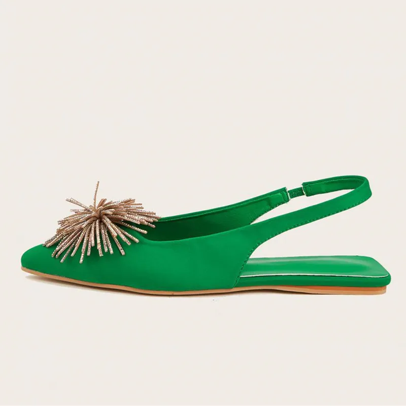 2024 New Flat Sandals Women Pointed-toe Rhinestone Tassel Design Open Heel Flat Party Shoes Summer Back Slingback Mules Shoes