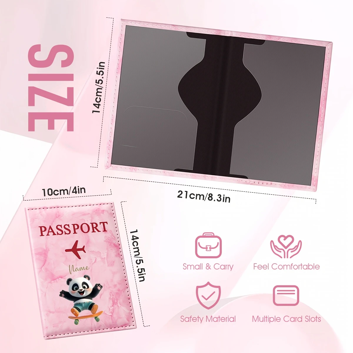 Custom Personalized Name Design Cute Panda Skateboard Illustration PU Passport Holder, Featuring a Dynamic Panda Riding