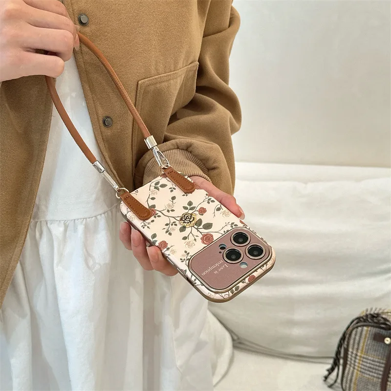 Chunri ins Red and White Rose for Apple 14/15ProMax Leather Buckle Lanyard iphone17 Women's 16 New 15