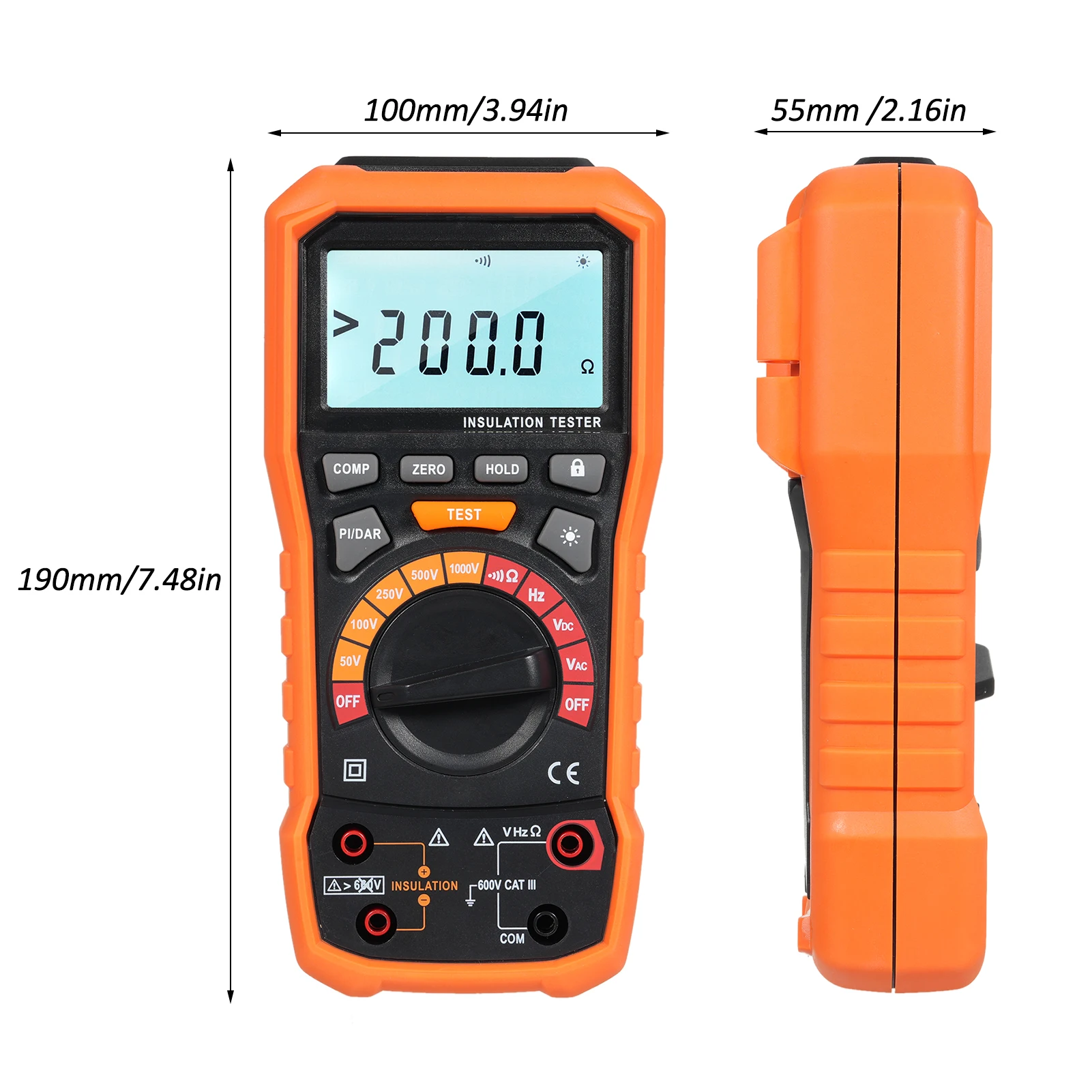 Tester di resistenza di isolamento 50/100/250/500/1000V megohmmetro e multimetro con 2 cavi di prova clip a coccodrillo misurazione AC/DC