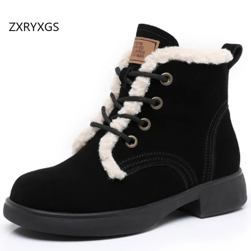 

ZXRYXGS Premium Matte Cowhide Women Snow Boots Cotton Shoes 2025 Cross-tied Real Leather Winter Boots Snow Low Heel Large Size