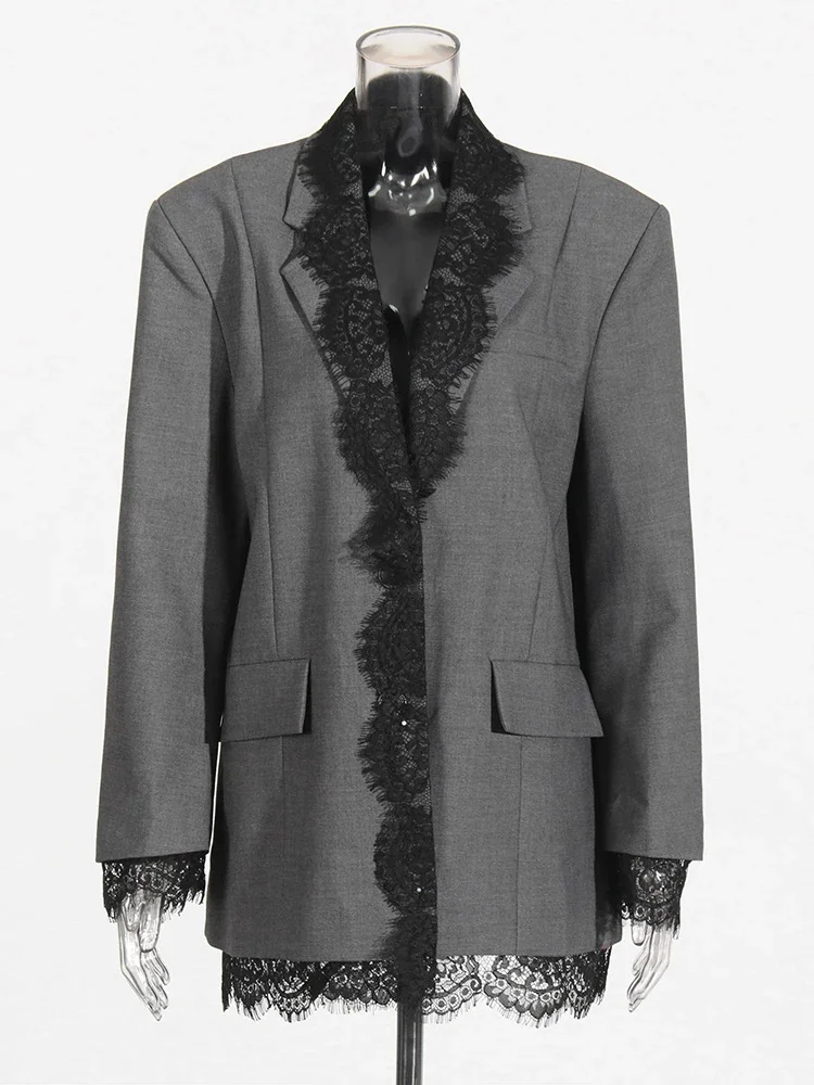 ROMISS Solid Embroidery Elegant Blazer For Women Notched Collar Long Sleeve Spliced Single Breasted Coats Female Fashion