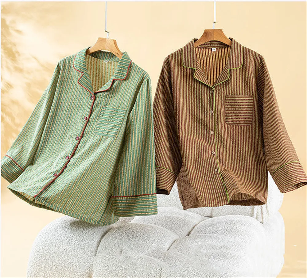 Striped Cotton Crepe Women's Pajamas Casual Soft Loose Sleepwear Long Sleeve Pants Pajama Sets Night Clothes 2-piece Set