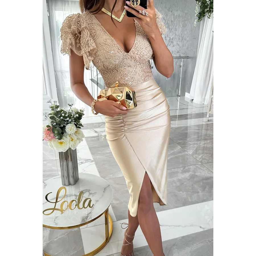 

Temperament Elegant Evening Dress Women Sequin Sexy Deep V-neck Fold Package Hip Irregular Dresses Fashion Lady Party Vestidos