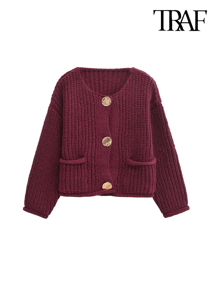 TRAF Women Fashion Front Patch Pockets Golden Buttons Knit Cardigan Sweater O Neck Long Sleeve Female Outerwear Chic Tops