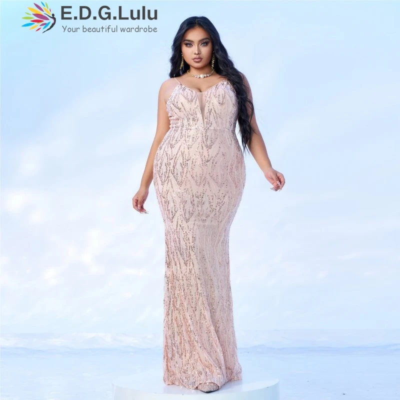 EDGLuLu  Plus Size Women Clothing V-Neck Backless Party Long Dress Women Elegant Party Apricot Print Glitter Sequin Dresses 1130