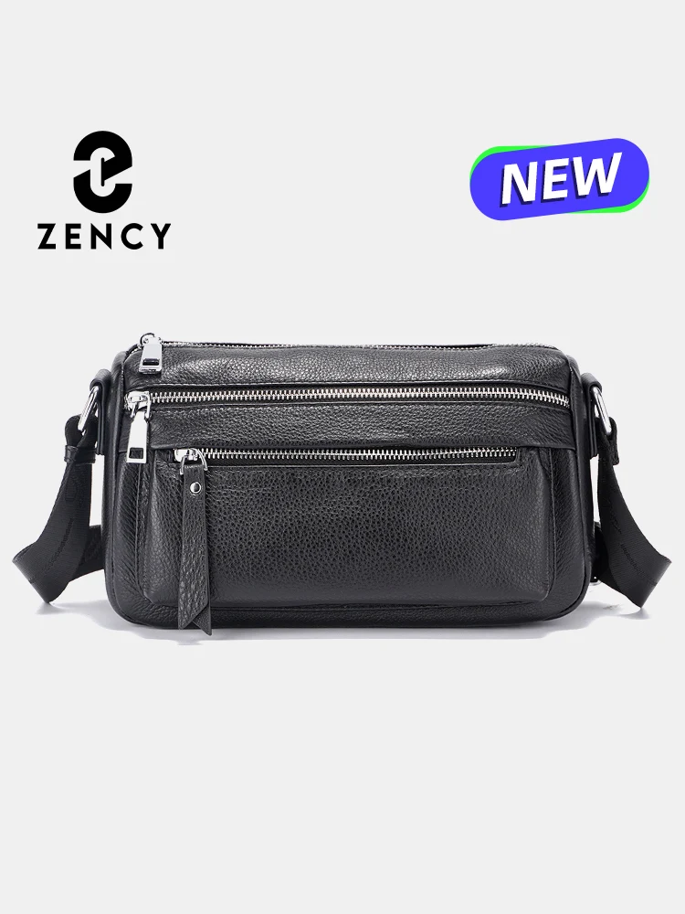 

Zency Black Designer Handbag Women Wide Strap Shoulder Bag Soft Natural Leather With Premium Silver Zipper Crossbody Bag Satchel