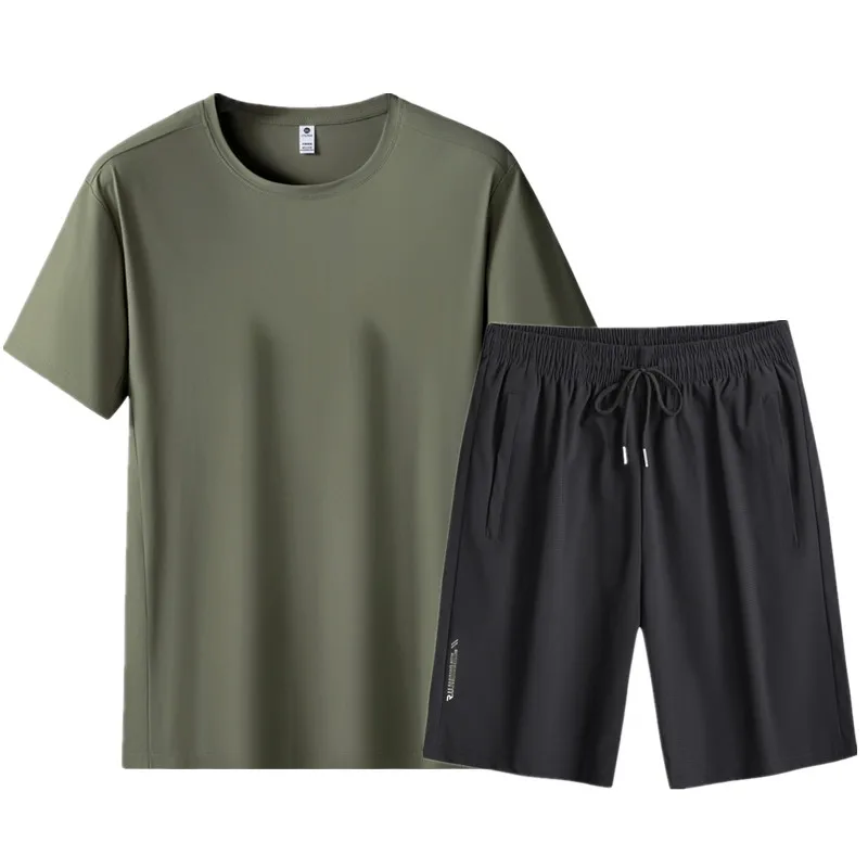 

Мужской летний спортивный костюм из ледяного шелка: быстросохнущая футболка с коротким рукавом и шорты, комплект из двух предметов, большие размеры, повседневный модный спортивный набор