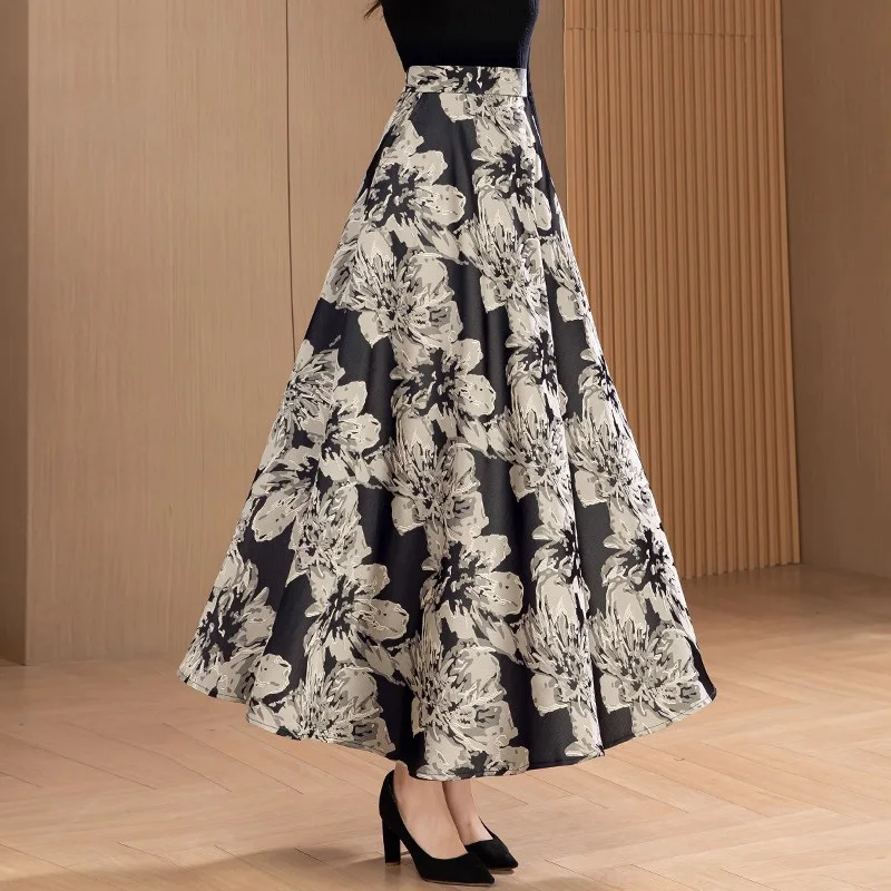 신상 여성 빈티지 플로럴 롱 스커트 가을 패션 하이웨이스트 A라인 캐주얼 프린트 스커트 우아 심플함 데일리 스커트 여성