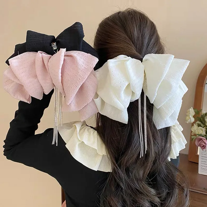

2025 Summer New Arrival! Large Fabric Bow Hair Clip - Rhinestone Tassel Spring Barrette Sweet Girls Fashion Hair Accessory