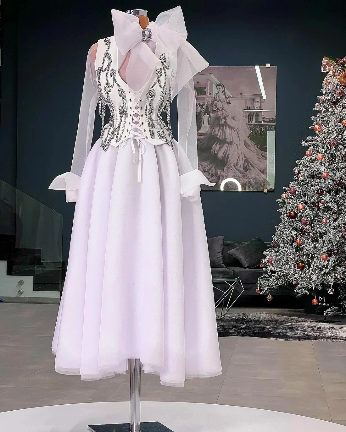 White Prom Dresses Long Sleeves Bow Beaded Saudi Arabia Dubai Robe De Soiree Evening Dress Gown Haute Couture Customized