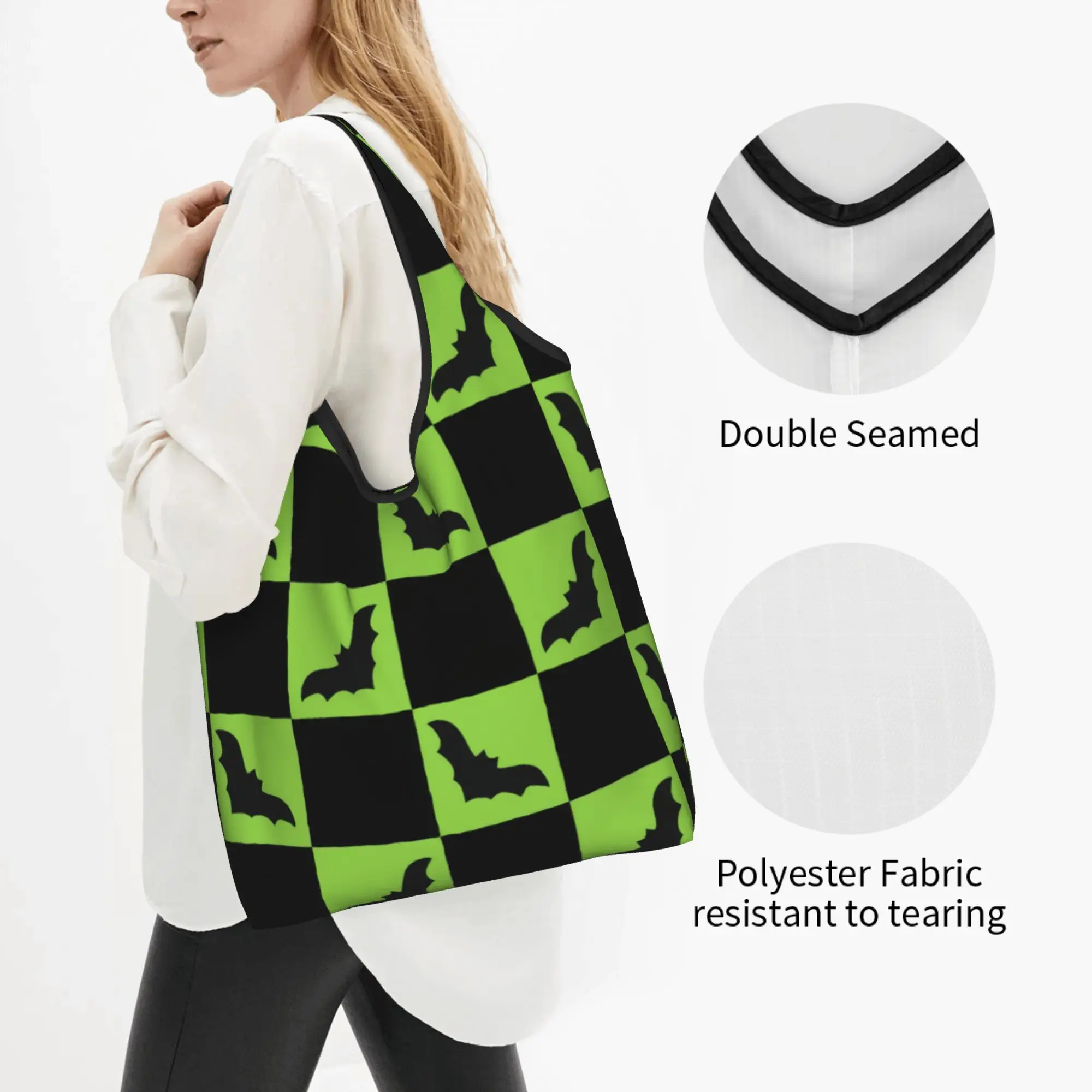 Custom Green And Black Checkered With Bats Shopping Bag Women Portable Large Capacity Grocery  Cute Animal  Shopper Tote Bags