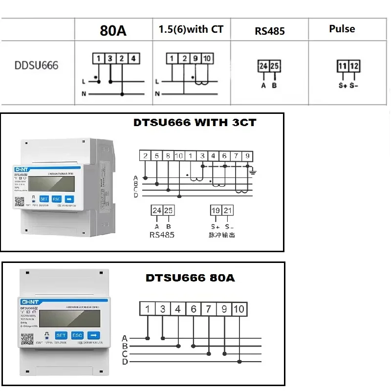 CHINT DDSU666 DTSU666 80A Din Rail Digital Voltmeter Current Power Electric Energy KWH Meter Volt Amp Modbus RS485 AC 230V 380V