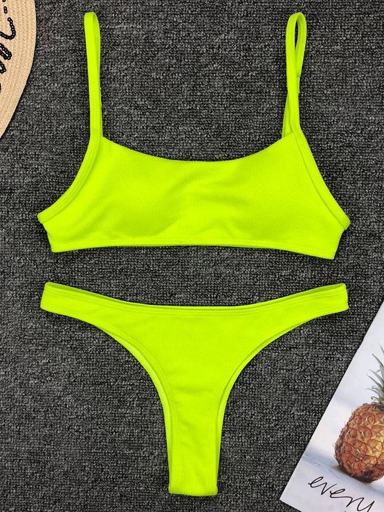 

Sexy Neon Yellow Ribbed Brazilian Bikini Women Swimwear Female Swimsuit Two-pieces Bikini set Padded Bather Bathing Suit Swim