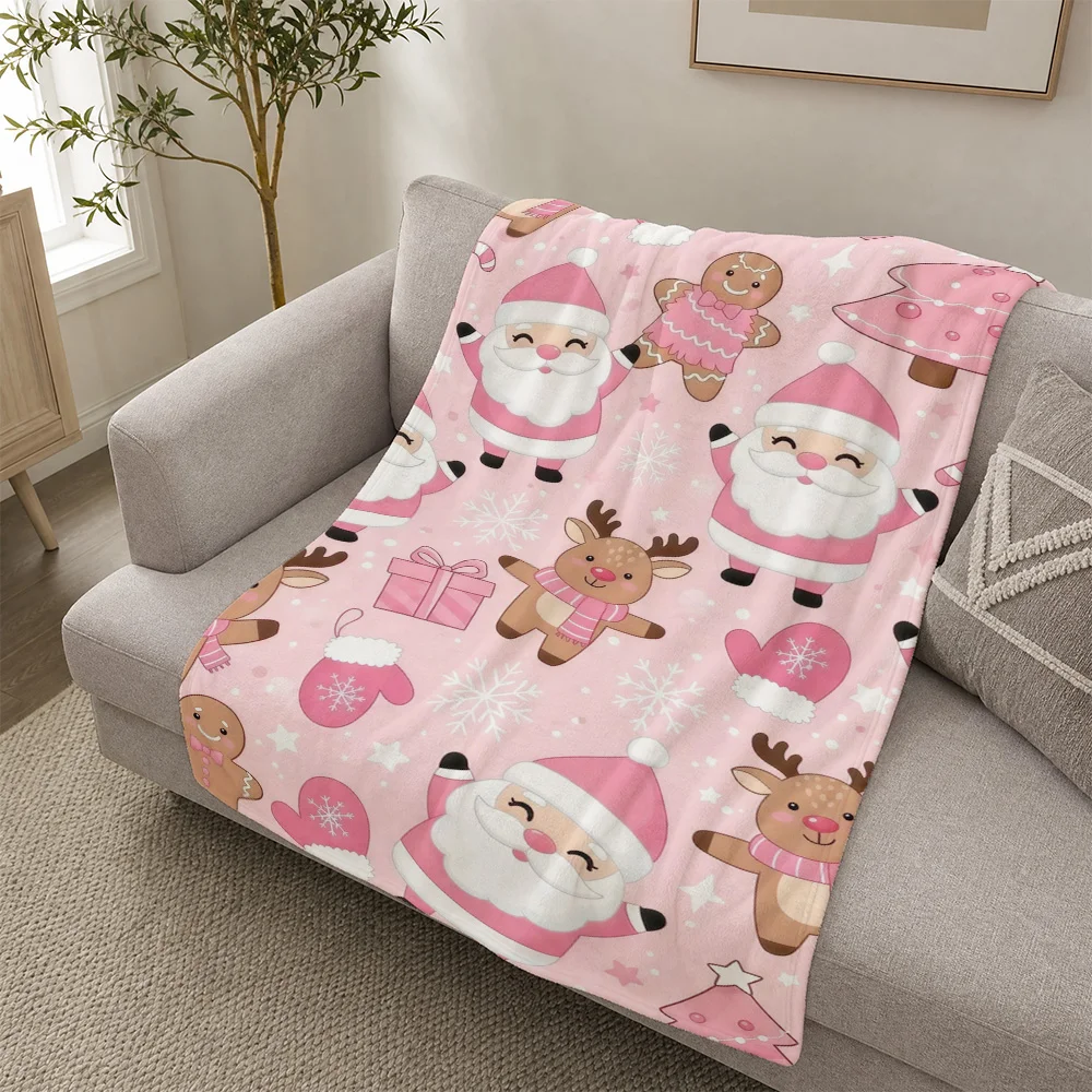 Cute Christmas Reindeer Santa Claus Gingerbread Man Pattern Throw Blanket for Sofa Bedding Holiday Decor