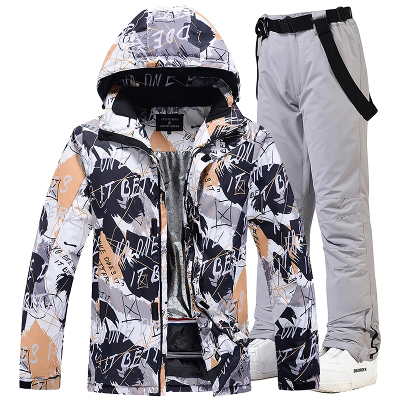 Colorful -30 Men\'s Ice Snow Suit Sets Outdoor Sports Snowboarding Clothing Waterproof Skiing Wear Winter Jackets and Strap Pants