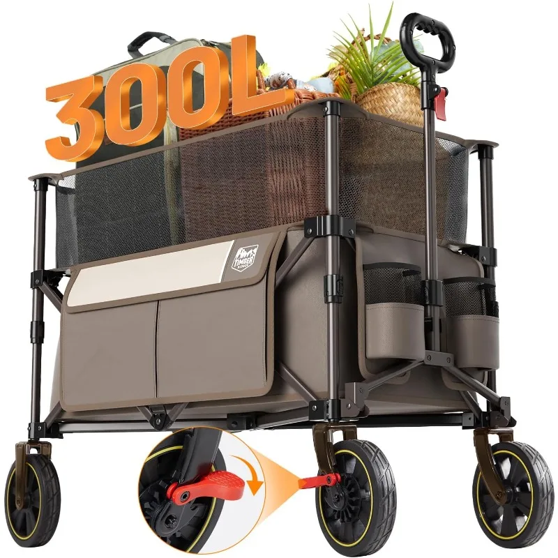 

Collapsible Outdoor Folding Wagon Cart Heavy Duty Camping Patio Shopping Garden Cart with Side Bag Cup Holder Tan Extra Large