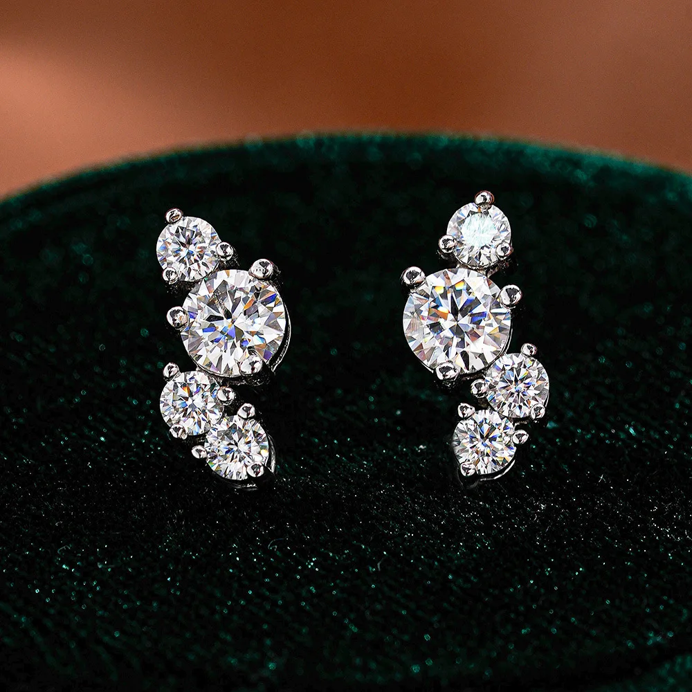 

S925 Pure Sterling Silver Moissanite Earrings for Women Hip Hop American Style Asymmetric Geometric Studs Fashion Jewelry