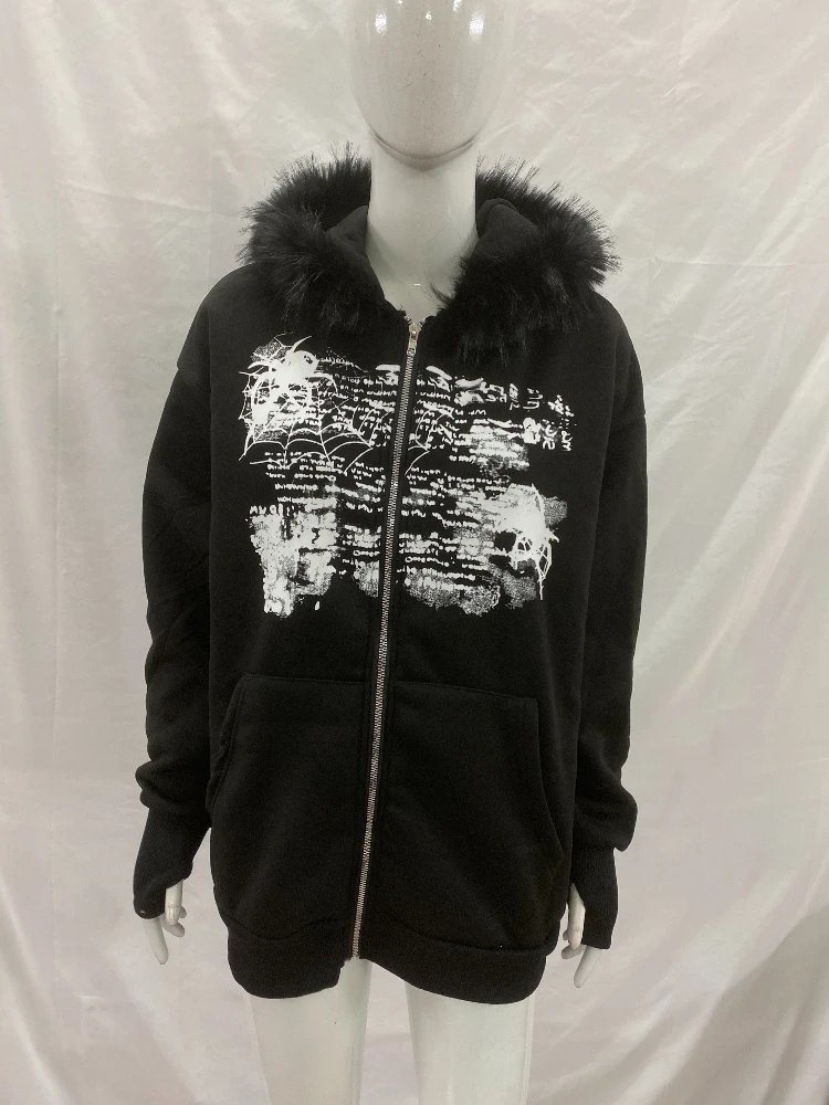 

Millennium style spicy girl fur collar retro warm women's zipper jacket slimming versatile hooded sweatshirt y2k