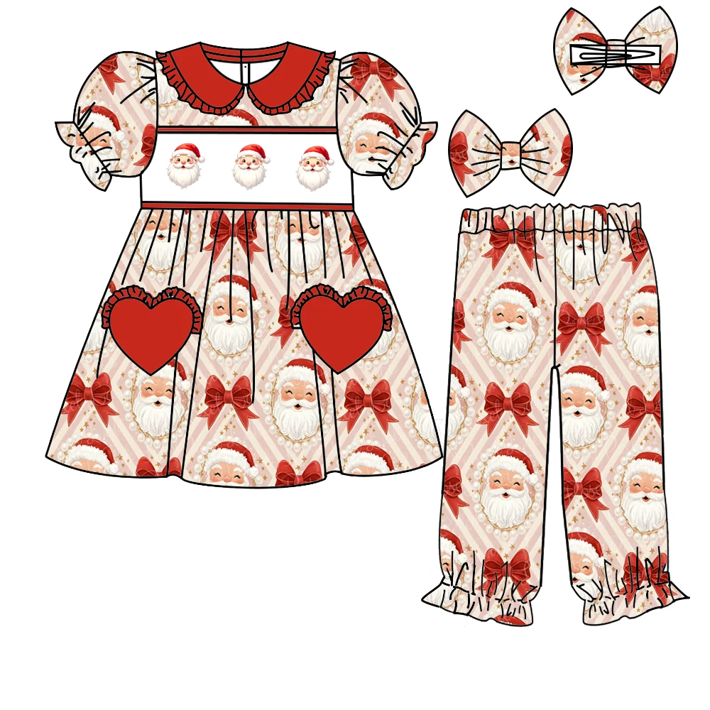 Boutique Children's Set Lapel Ruffle Puff Pair with Trousers Love Pocket Christmas Collection Print Wholesale