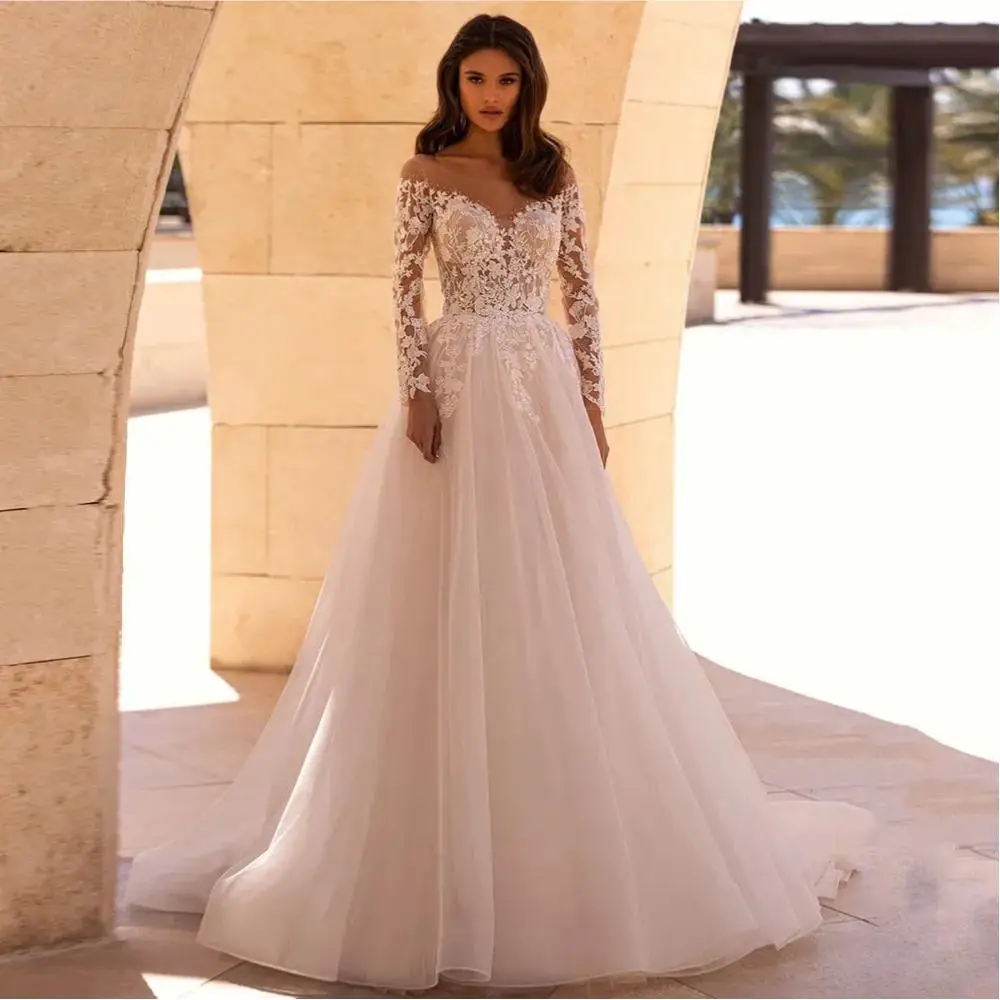 

Customized Sheer Scoop Neck Wedding Dress Long Sleeves Sequined Applique See Through Back Buttons Bridal Gown Vestidos De Novia