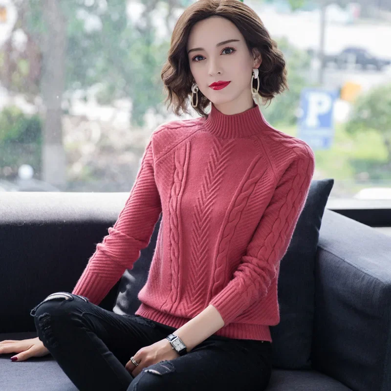 2024 Spring Autumn Thick Sweaters New Half High Neck Warm Bottoming Shirt Wool Pullover Tops Women Pull Femme S-3XL