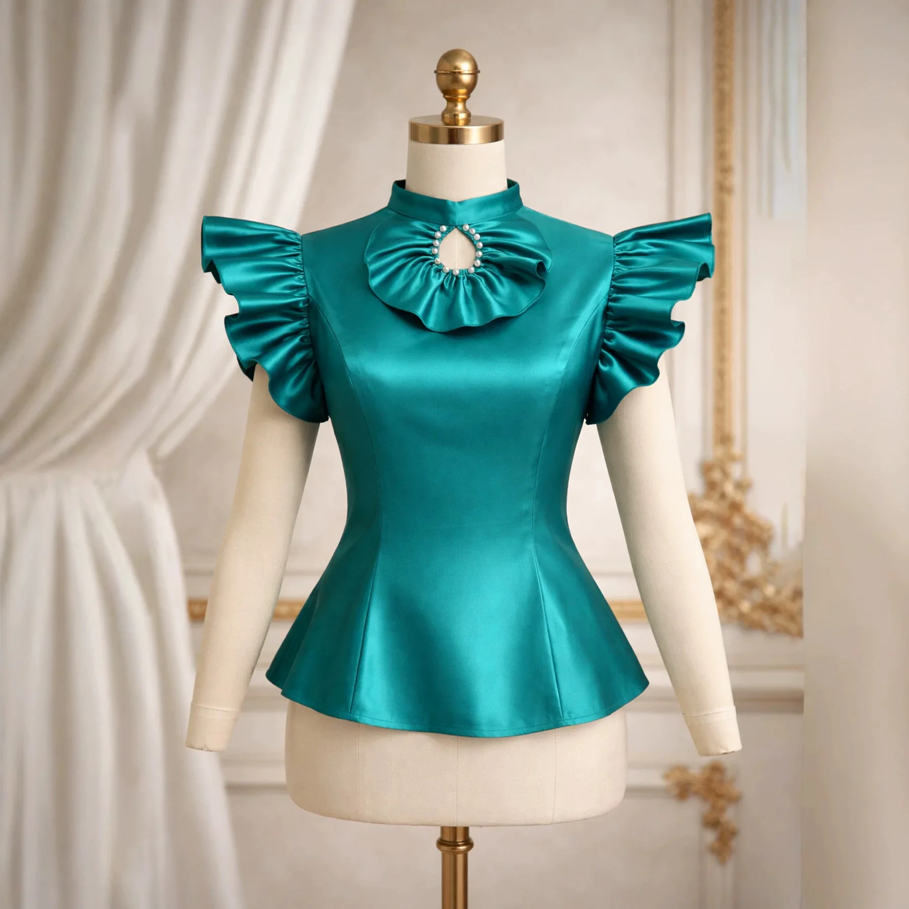 Plus-size Women's Lake Green Satin Waist-cinching Top With Stand-up Necklace, Pearl Embellishments, Hollowed-out Design  design, - view 3