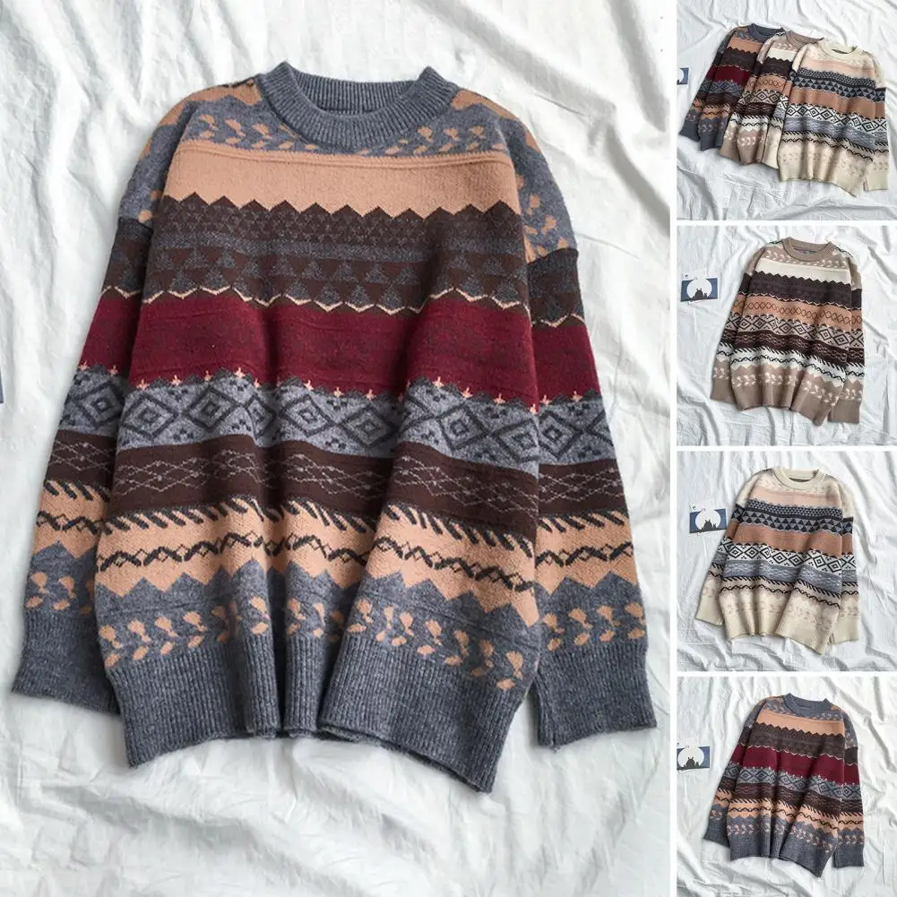 Preppy Grunge Retro Striped Knitted Sweater Autumn O Neck Full Sleeve Jumpers Fairycore Vintage Aesthetics Grandpa Pullovers