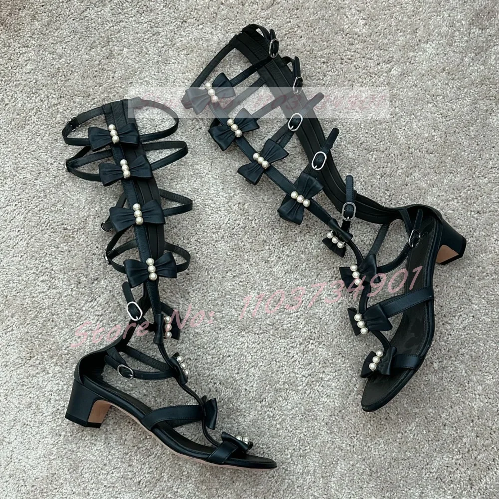Butterfly-Knot Pearl Mid Calf Sandals Women Rome Zipper Party Block Mid Heels Shoes Ladies Casual Elegant Chic Big Size Sandals view 4