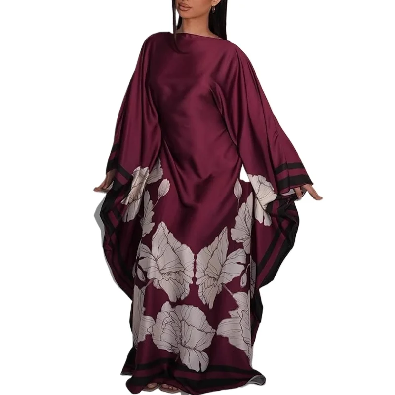 Elegant Shawl Sleeve Party Dress Elegant O-neck Pattern Print Loose Robe Dress Women Fashion Hight Waist Satin Long Dress