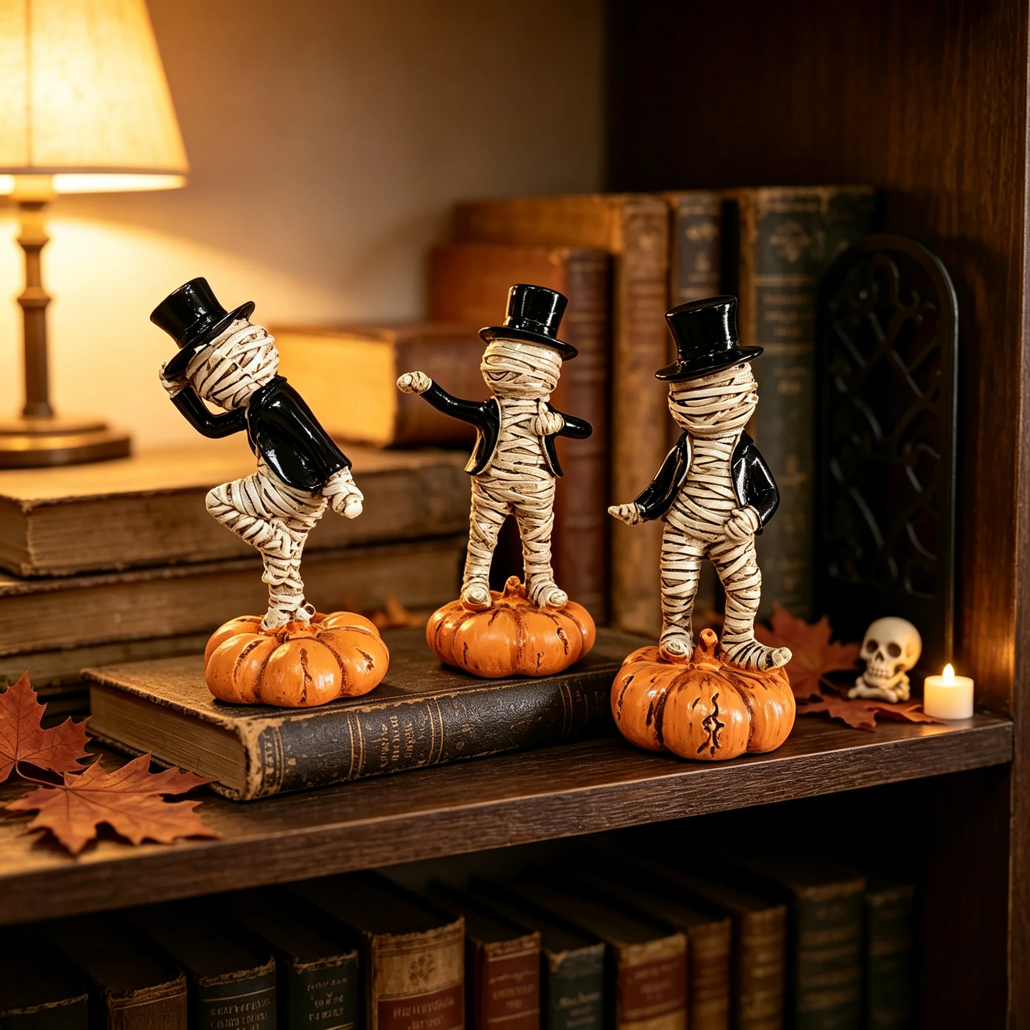 Halloween Mummy Pumpkin Figurine Dancing Mummy Statue Top Hat Resin Decor for Home Desk Party Halloween Gift