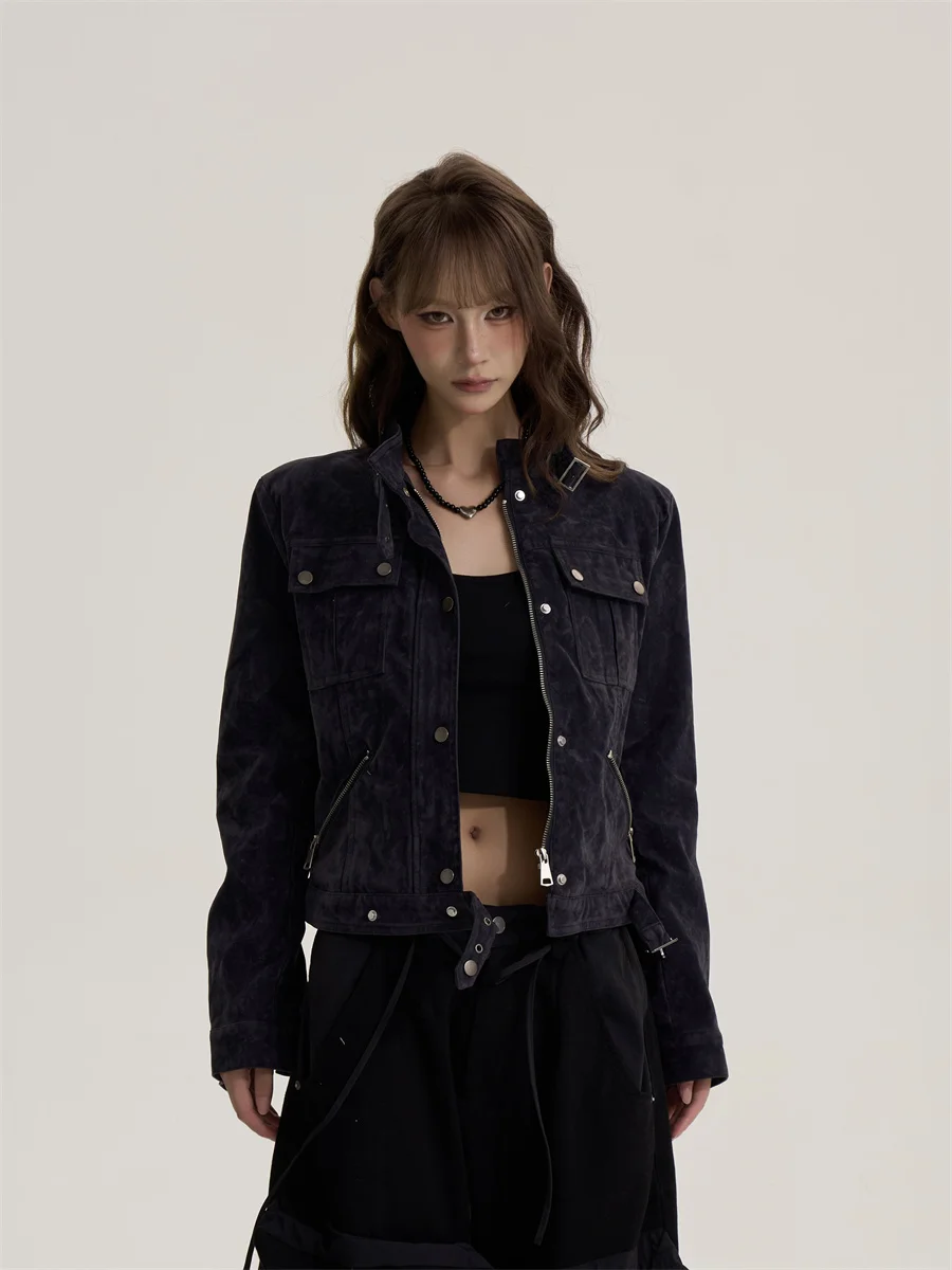 

Ретро-куртка в американском стиле для женщин: модный уникальный топ с воротником-стойкой, полиэстер, длинный рукав, короткое пальто на молнии