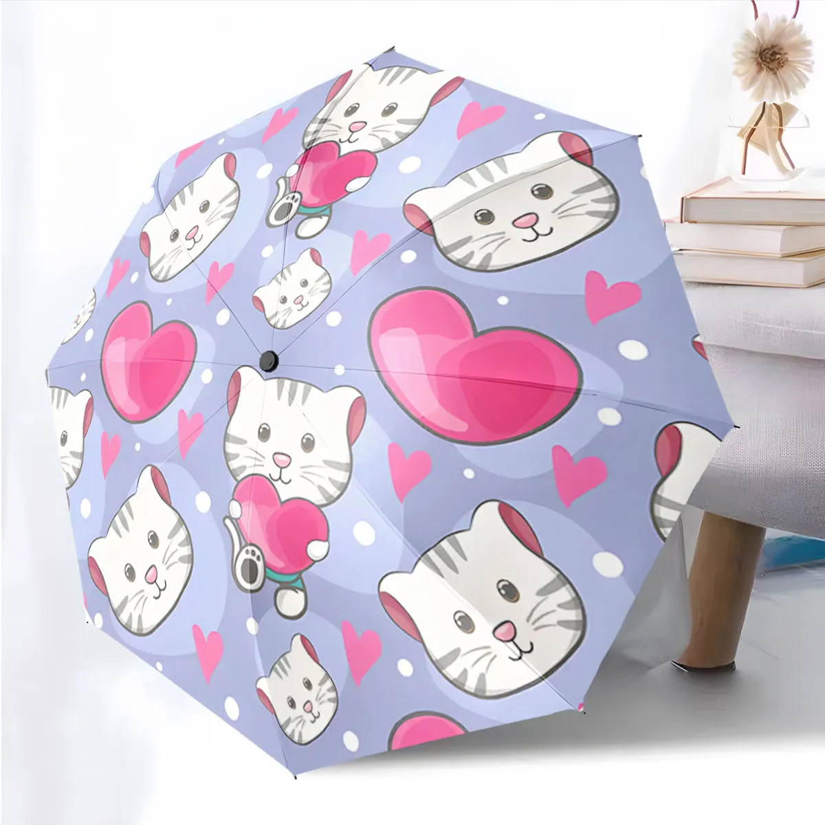 1PC Cute Cat and Heart Pattern Umbrella Print 8 Iron Ribs Folding Umbrella Auto-Open Fashion Sunshade