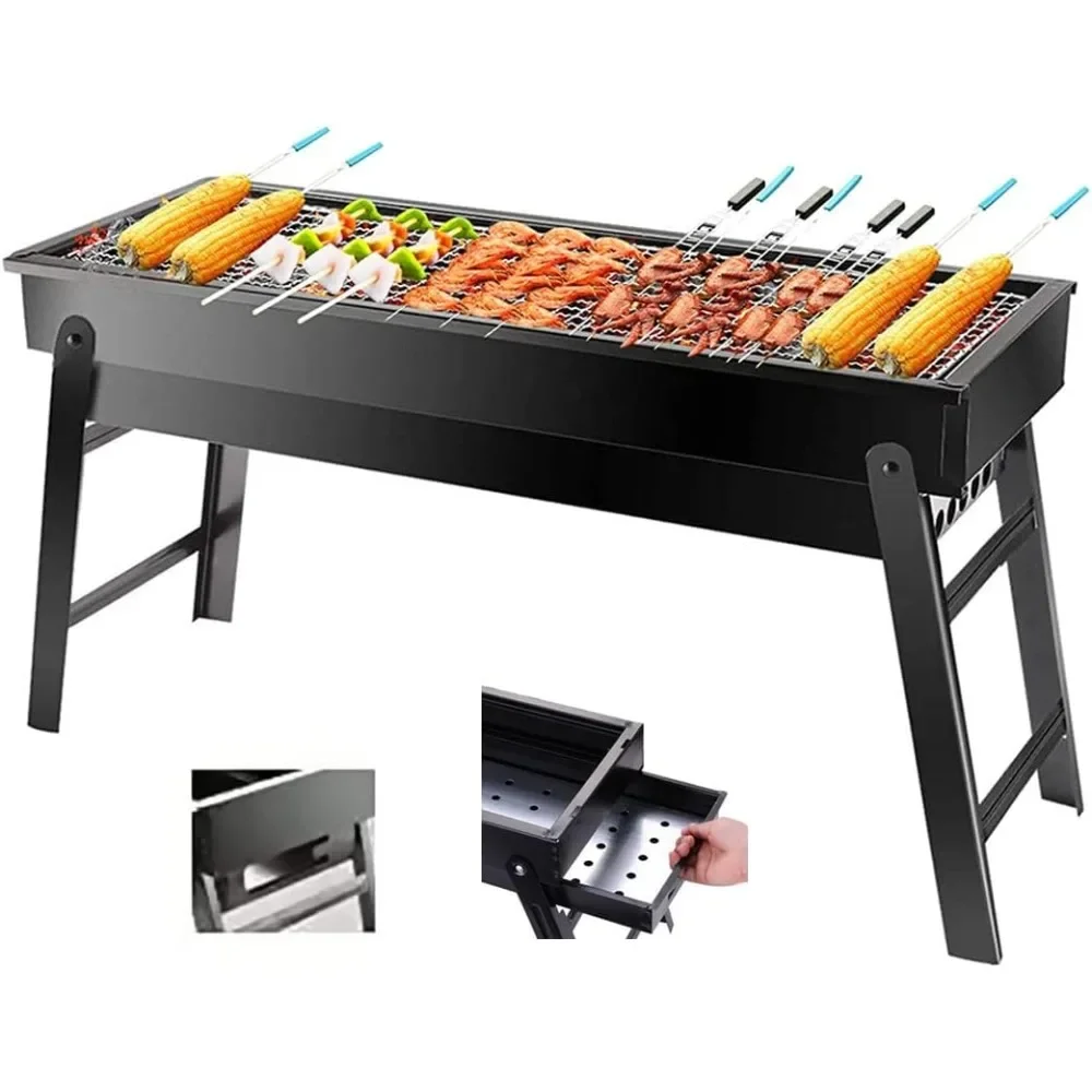 Portable Outdoor BBQ Grill Foldable Charcoal Barbecue Stove Large Steel Barbecue Rack for Camping Kitchen Utensils