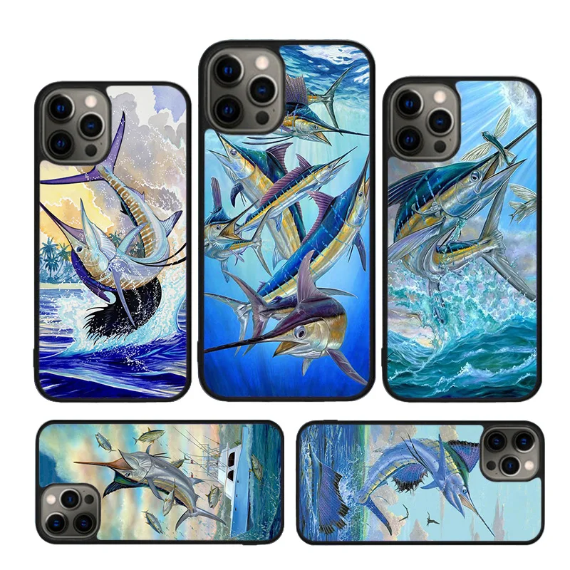 Blue Marlin Painting Phone Case for iPhone 16 15 14 12 13 mini PLUS X XS XR 11 PRO MAX Back Cover Fundas Shell