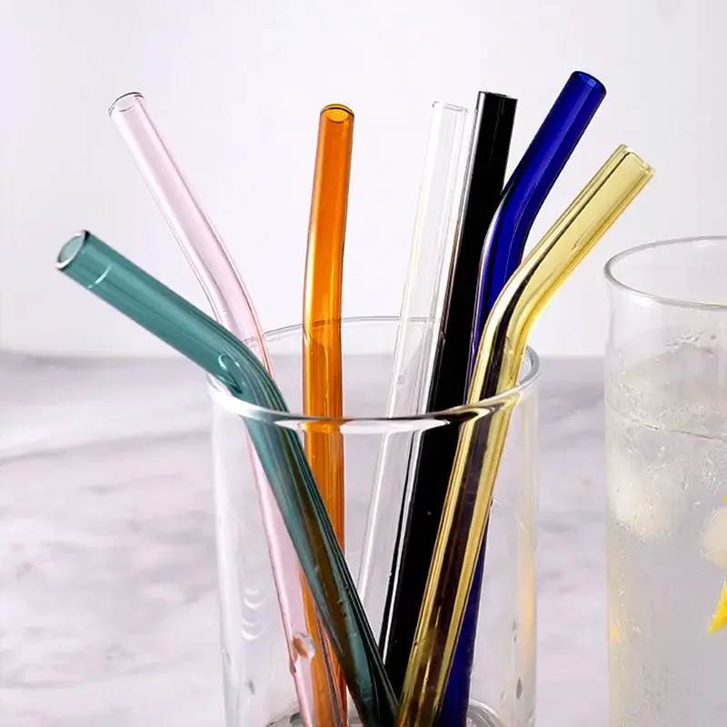 8 Colors Reusable Glass Straws 4pcs Drinking Straws with Cleaning Brush Eco-Friendly High Borosilicate Glass Straw Bar Drinkware