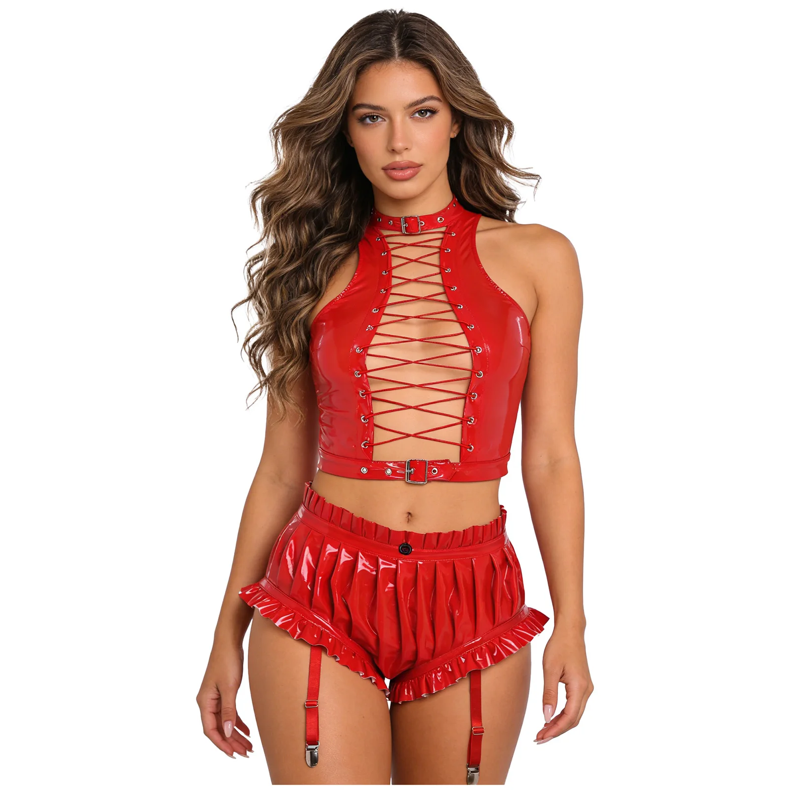 

Женские укороченные топы из лакированной кожи с вырезами и ремешками, а также горячие шорты с клипсами для танцев на пилоне, рейвов и клубных вечеринок