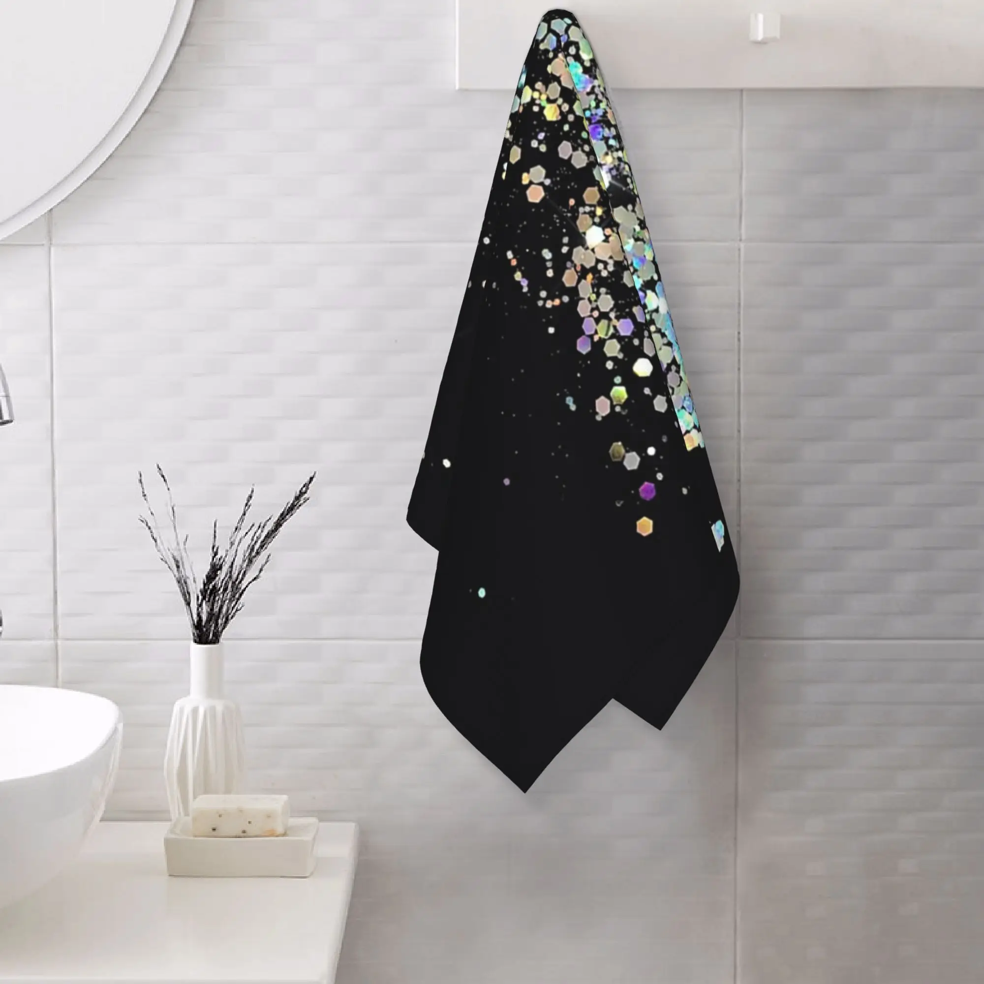 Custom Black And Holographic Sparkle Soft Face Towel Quick Dry Pool Bath Cotton Towels Breathable