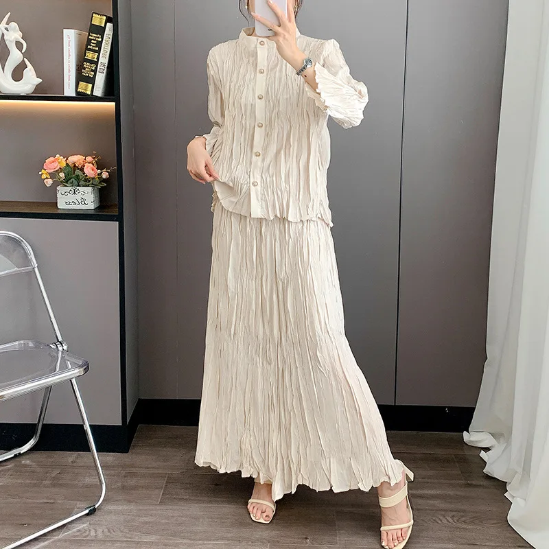 

Плиссированная женская однобортная юбка из 2 предметов с круглым вырезом и длинными рукавами, повседневная складная женская юбка с высокой талией, осенняя новая одежда 2023 г.