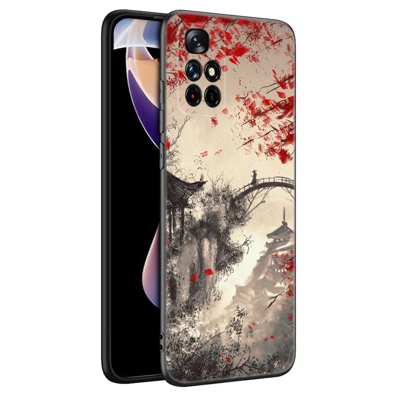 Japanese Style Art Ukiyo-e Black Silicone Phone Case For Xiaomi Redmi Note 10 11 11S 12 12R 13 13R Pro 12S 4G 11T 5G Plus 10S