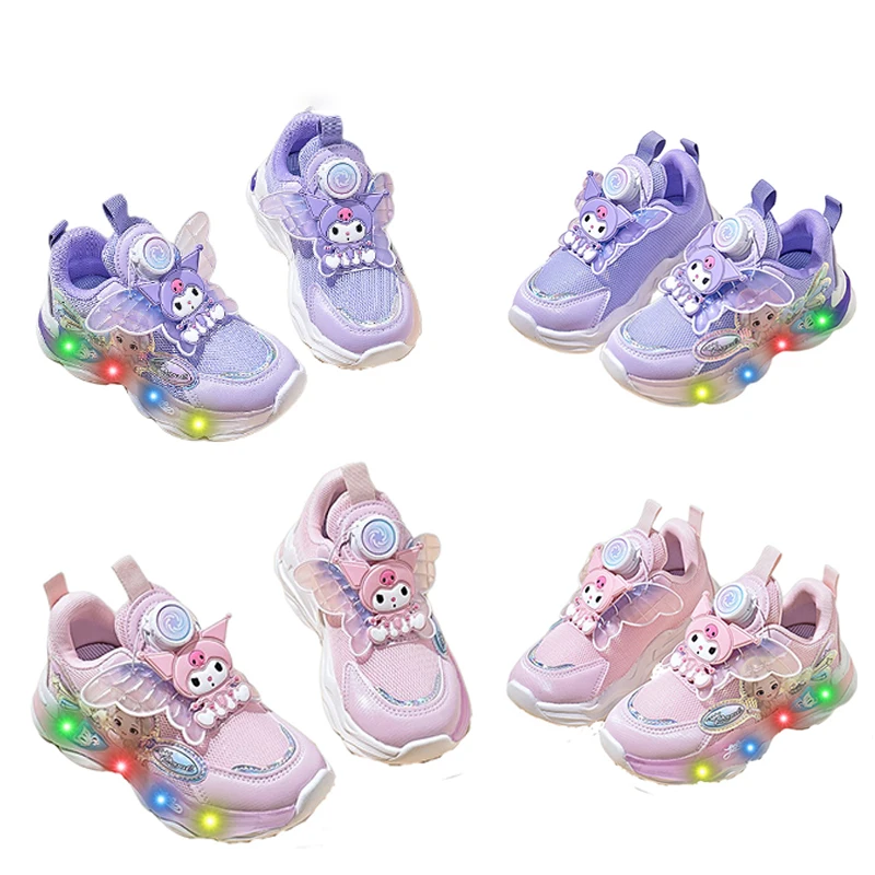 Kawaii sanhos Anime Kuromi Kids Sneaker Shoes Cartoon Soft Sole antiscivolo primavera autunno Outdoor Sport Glow Run Shoes Girl Gift