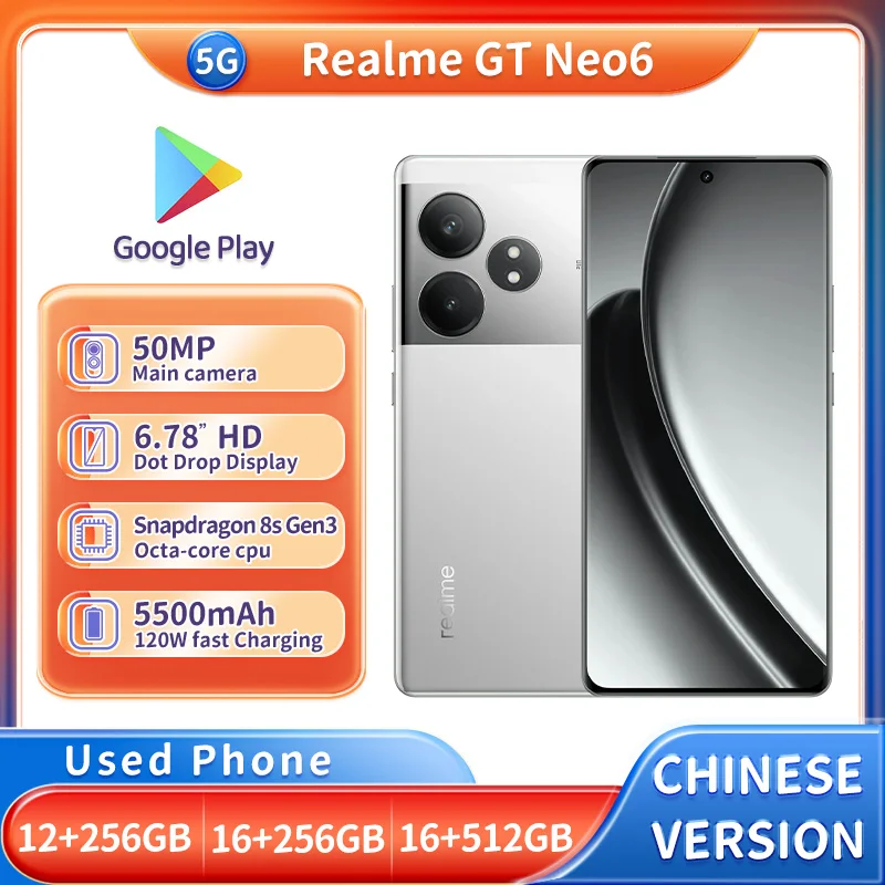 Realme GT Neo6 5g 6.78 بوصة 2780x1264px CPU Qualcomm Snapdragon 8S Gen3 50MP + 32MP كاميرا 5500mAh هاتف مستعمل