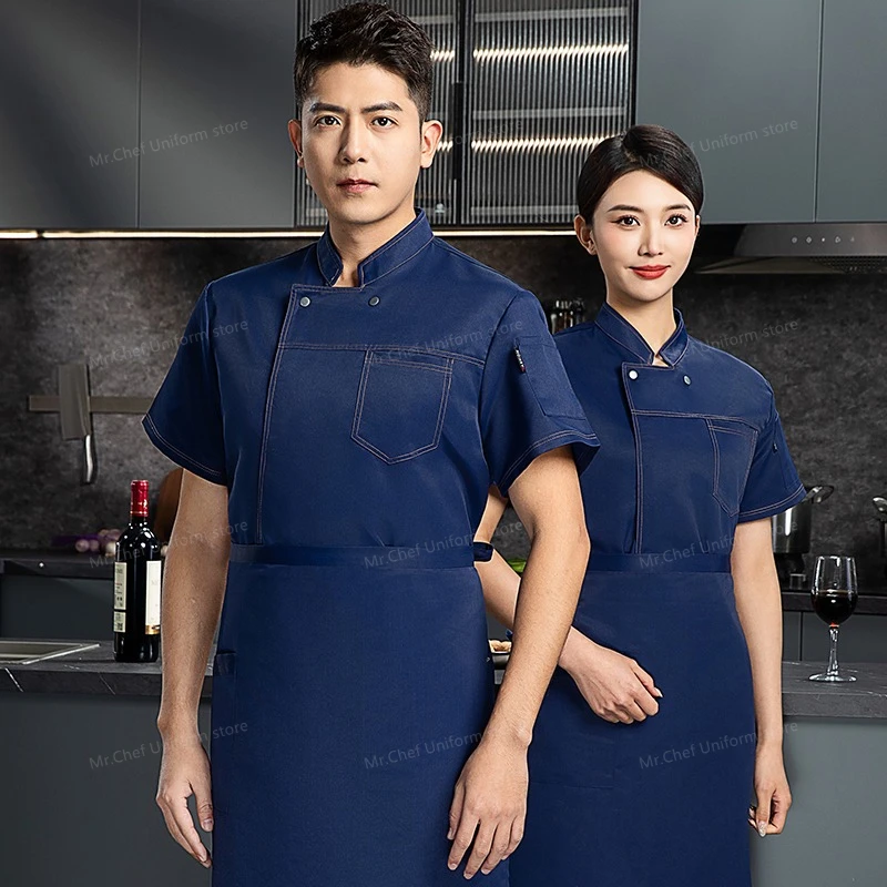 Chaqueta de Chef de manga corta para restaurante, abrigo de Chef transpirable para cocina, delantal de uniforme de Chef negro para hombre, ropa de camarero de trabajo con logotipo